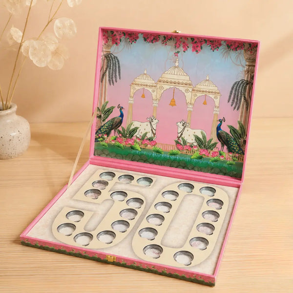 Celebration 50 Coin Box, Banyan Tree Design, Lotus Shape, Set of 25 Coins (2 g Each)