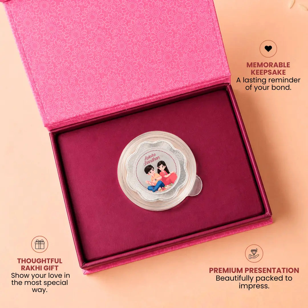 Sibling Goals Rakhi Gift – Floral UV Printed 5g Silver Coin
