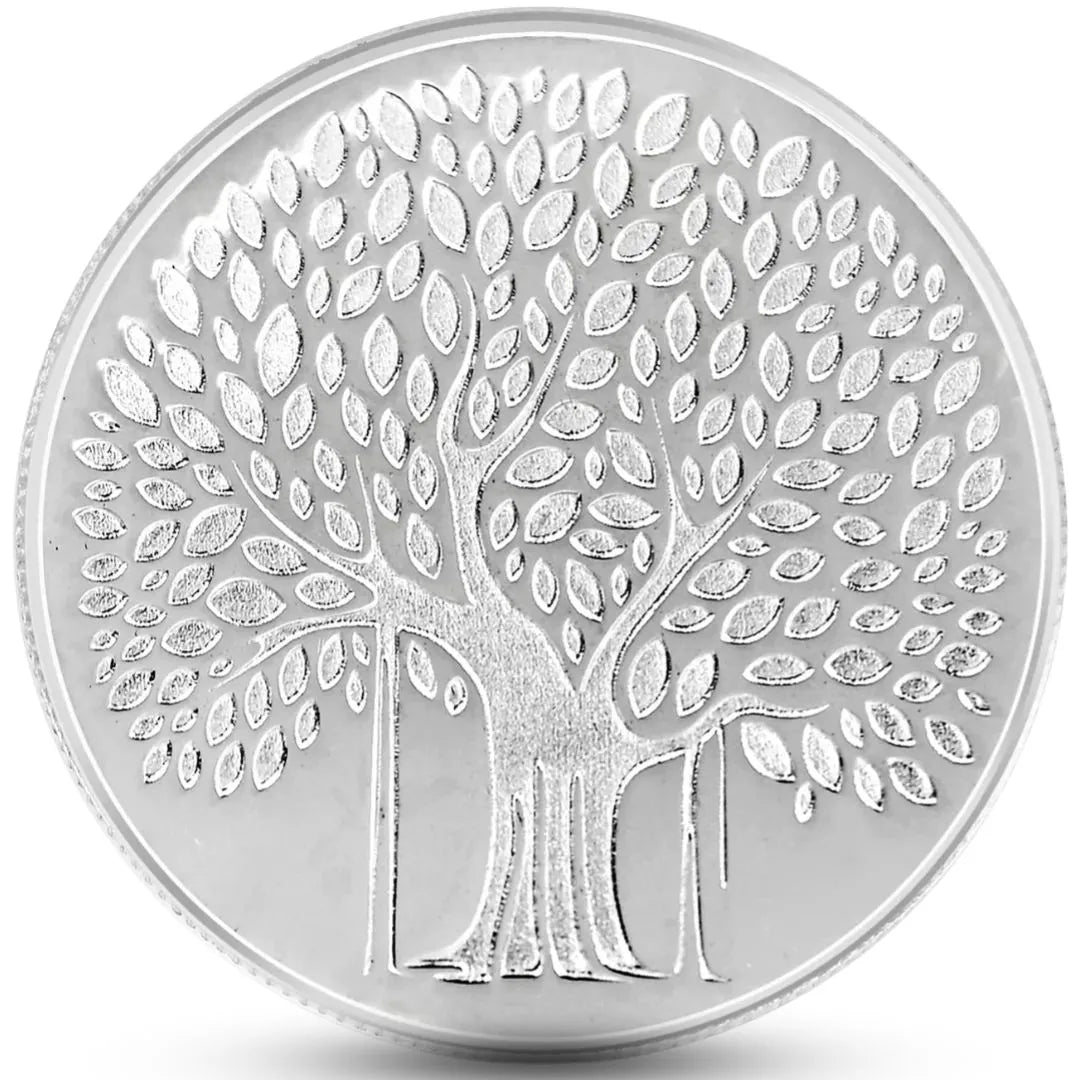 Banyan Tree, Silver Finish, Round Shape, Set of 2 (10 Gram Each), Best Wishes, 999 Purity Silver Coin - Ready To Ship