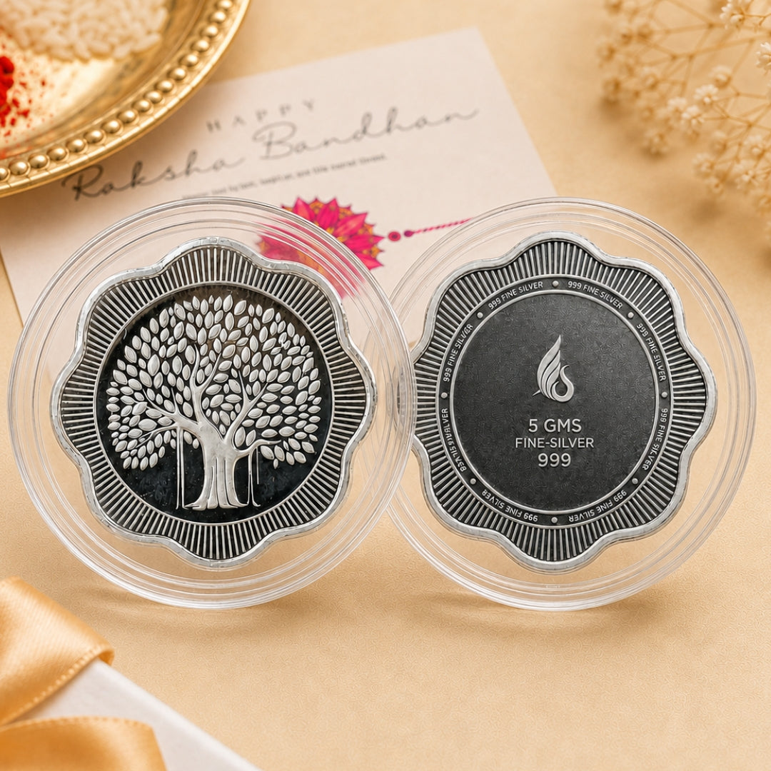 Premium Happy Raksha Bandhan 5gm Flower Banyan Tree Silver Coin with Rakhi Card