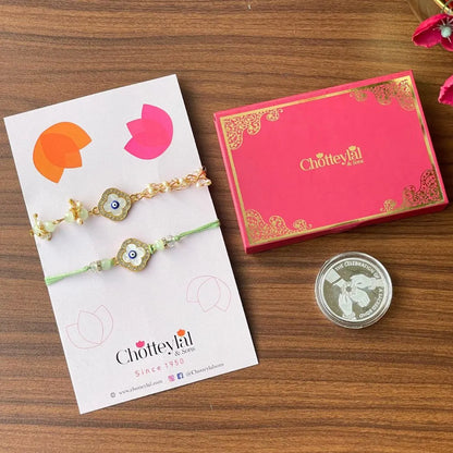 Combo: Happy Rakhi Gift - Rakhi On Hand Coin (10 Gram) + 2 Rakhi - 999 Purity Silver Coin