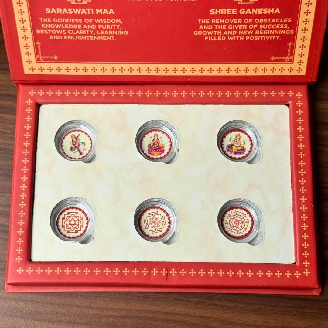 Laxmi, Ganesh, Saraswati ji, Silver, Folder Box, 6 Coins (1 GM Each), 999 Purity Silver Coins