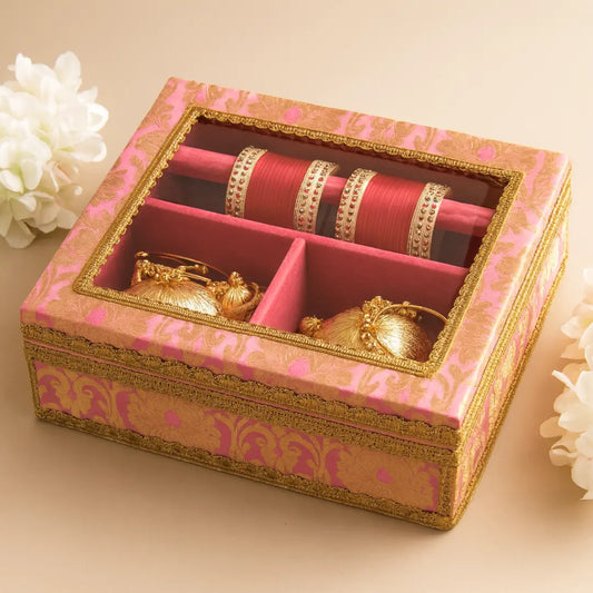 Multipurpose Pink Brocade Chura Box | Bangle Box - Large Size