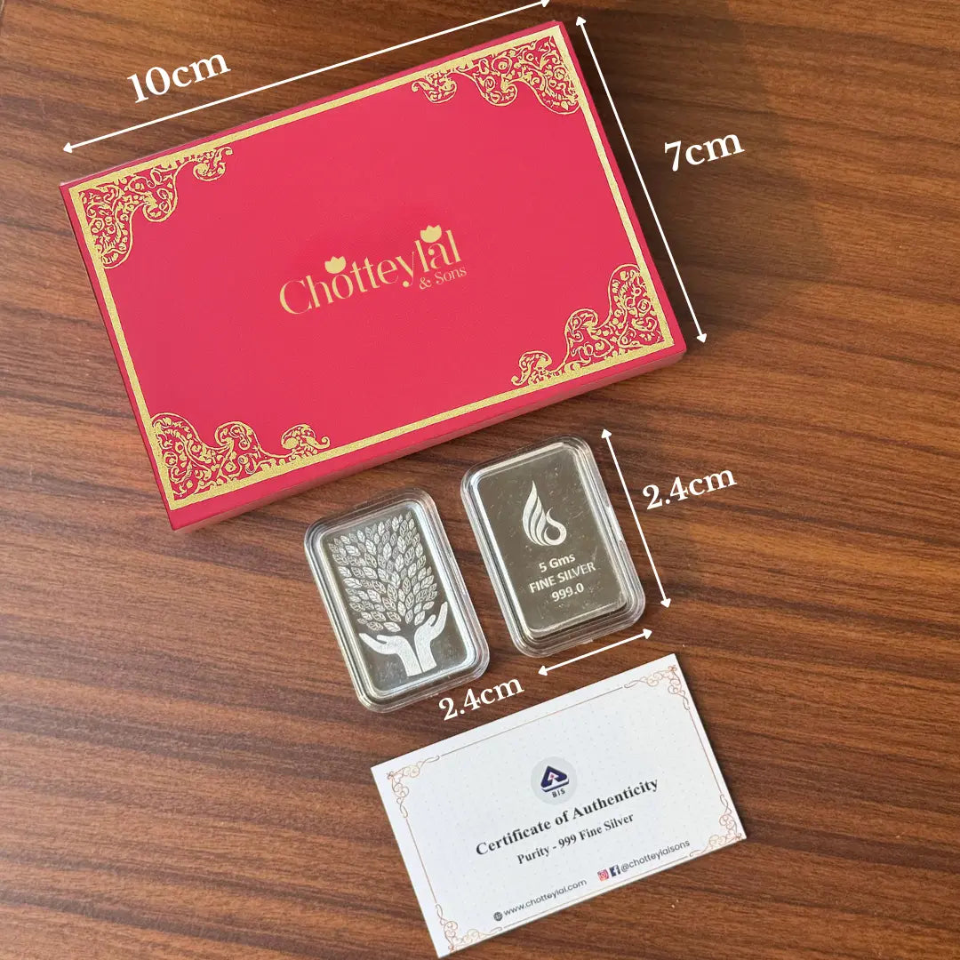 Leaf In Hand, Silver Finish, Bar Shape, Set of 2 (5 Gram Each), 999 Purity Silver Coin - Ready To Ship