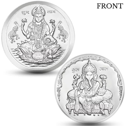 Lakshmi Ji & Ganesh Ji, Silver Finish, Round Shape, Set of 2 Coins (20 Gram Each), Om Packaging, 999 Purity Silver Coin - Ready To Ship