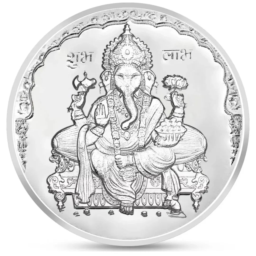 Lakshmi Ji & Ganesh Ji, Silver Finish, Round Shape, Set of 2 Coins (20 Gram Each), Om Packaging, 999 Purity Silver Coin - Ready To Ship