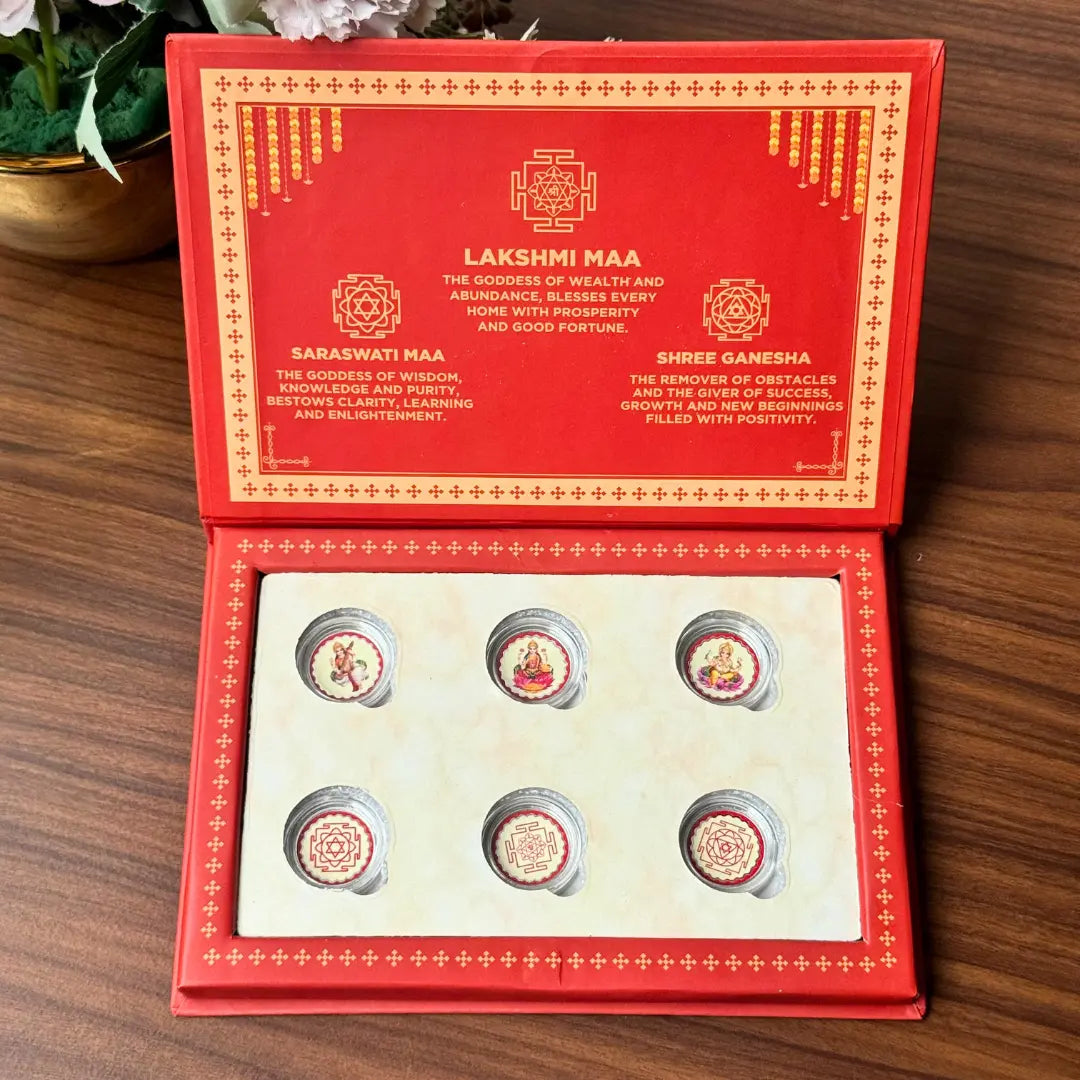 Laxmi, Ganesh, Saraswati ji, Silver, Folder Box, 6 Coins (1 GM Each), 999 Purity Silver Coins