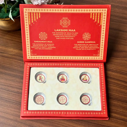 Laxmi, Ganesh, Saraswati ji, Silver, Folder Box, 6 Coins (1 GM Each), 999 Purity Silver Coins
