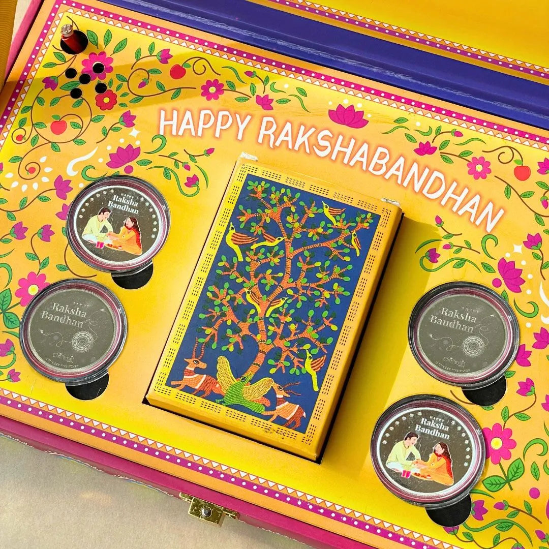Raksha Bandhan Musical Box With 40 Gram (10 Gram Each) UV printed Silver Coin and Playing Cards - 999 Purity Silver Coins