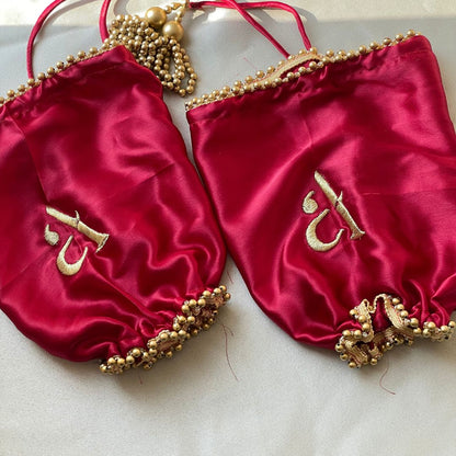 Red Satin Chooda Cover With Golden Beads - With Initials Customisation