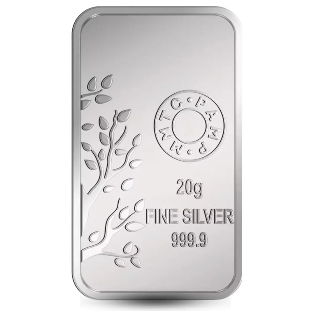 MMTC Banyan Tree, Silver Finish, Bar Shape, Single (20 Gram), 999 Purity Silver Coin - Ready To Ship