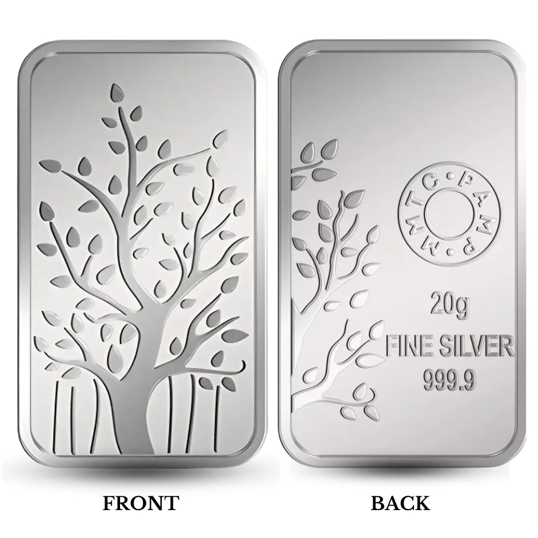 MMTC Banyan Tree, Silver Finish, Bar Shape, Single (20 Gram), 999 Purity Silver Coin - Ready To Ship