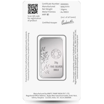 MMTC Banyan Tree, Silver Finish, Bar Shape, Single (20 Gram), 999 Purity Silver Coin - Ready To Ship