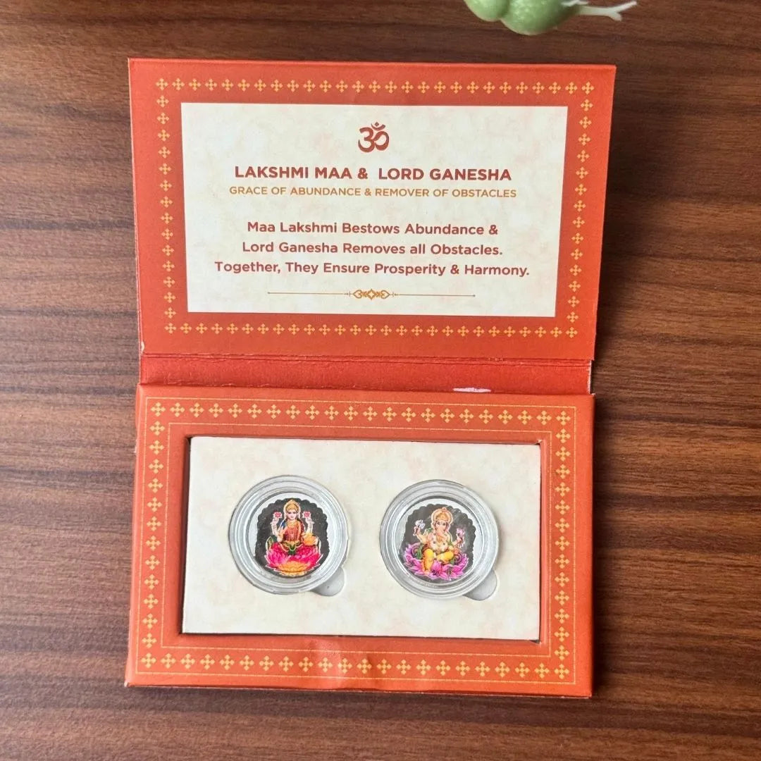 Laxmi and Ganesh ji, Silver, Round Shape UV Print, 2 gm, 999 Purity Silver Coin- Ready To Ship