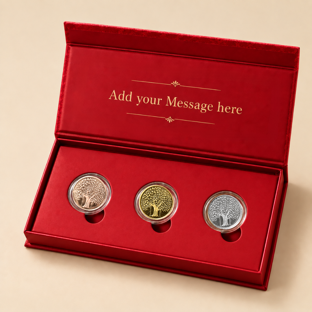 Banyan Tree, Tri-Color, Round Shape, Set of 3 Coins (3 g Each), White Box Cover, 999 Purity Silver Coin - Wedding Gifts