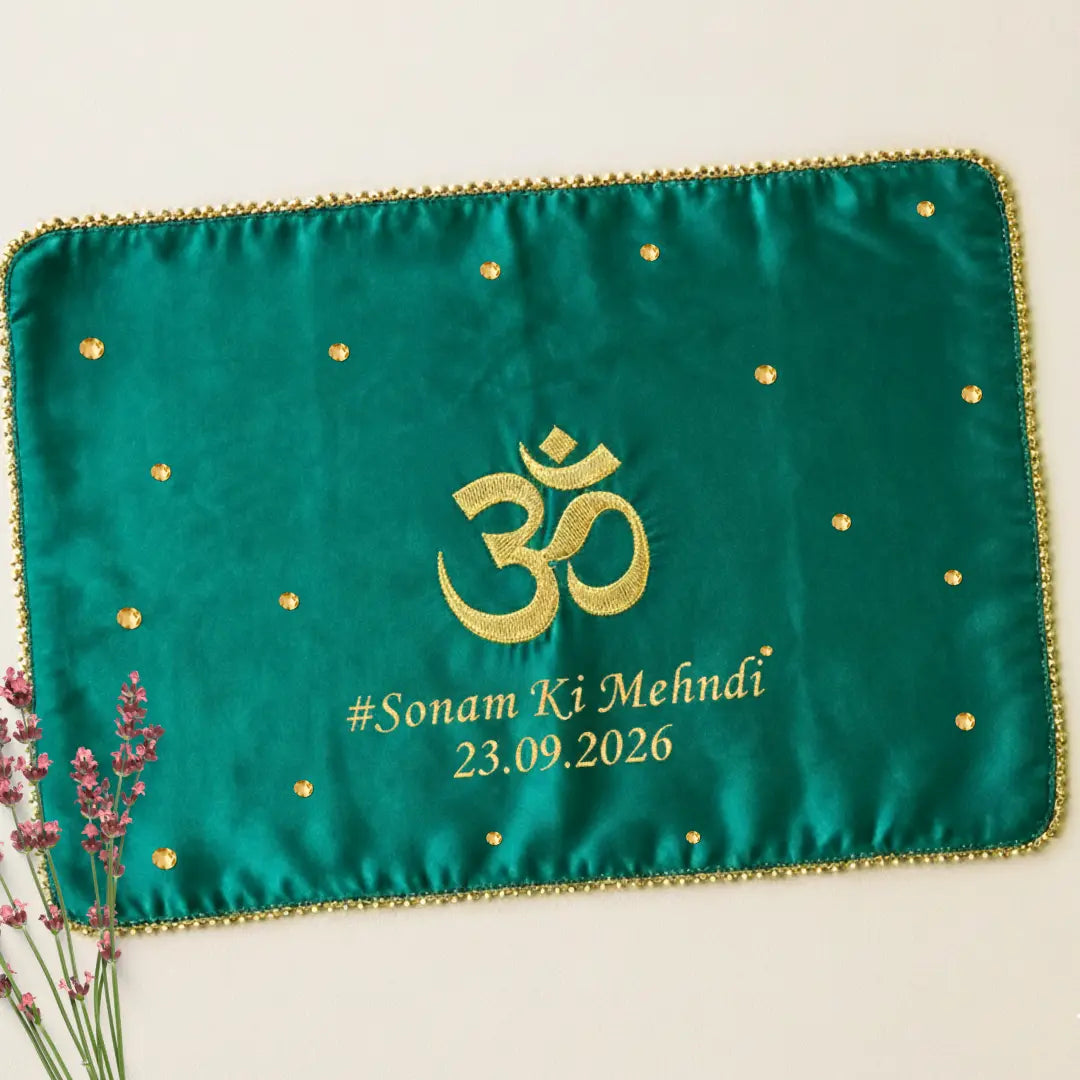 Green Om Motif Mehendi Mat With 2 Line Text