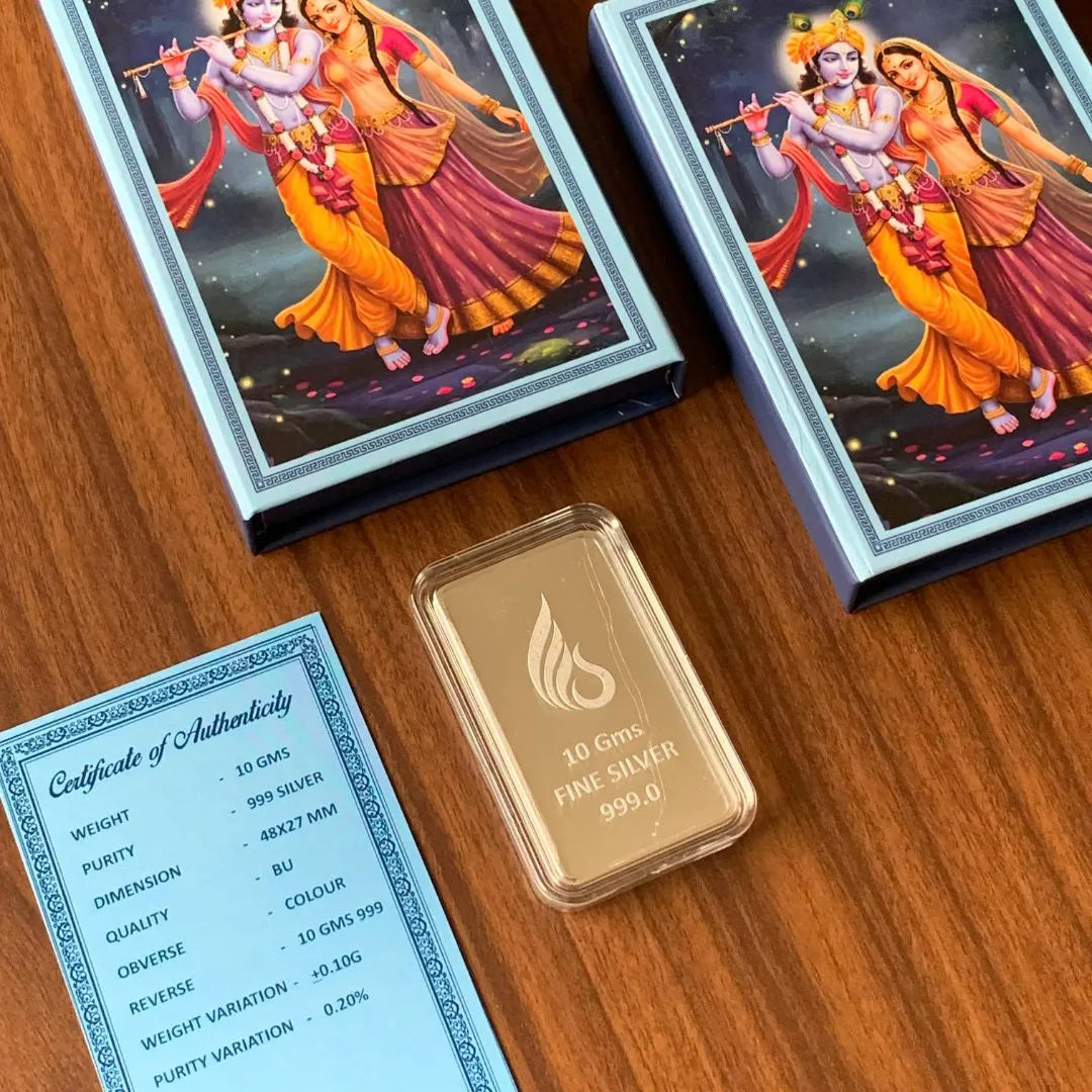 Radha Krishna Ji, UV Printed Finish, Bar Shape, Single (10 Gram), 999 Purity Silver Coin - Customizable Packaging