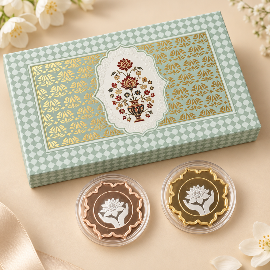 Lotus In Hand, Rose Gold & Gold Finish, Lotus Shape, White Box - Set of 2 Coins (25 g Each, Total 50 g)