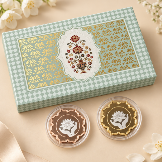 Lotus In Hand, Rose Gold & Gold Finish, Lotus Shape, White Box - Set of 2 Coins (25 g Each, Total 50 g)