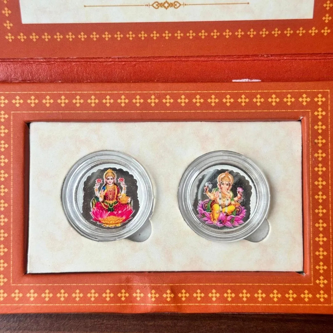Laxmi and Ganesh ji, Silver, Round Shape UV Print, 2 gm, 999 Purity Silver Coin- Ready To Ship