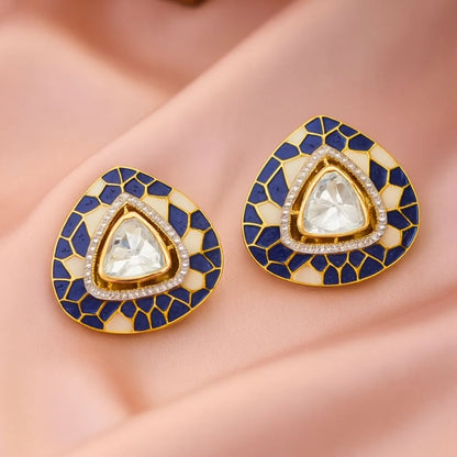 Blue Onyx Polki Earrings - 22K Gold Plated, 92.5 Pure Silver Base