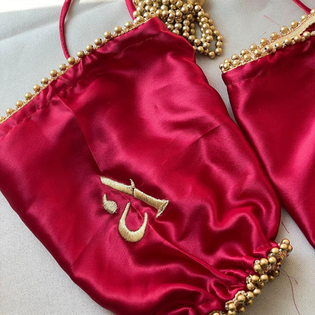 Red Satin Chooda Cover With Golden Beads - With Initials Customisation