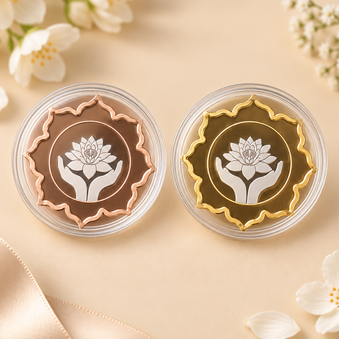 Lotus In Hand, Rose Gold & Gold Finish, Lotus Shape, White Box - Set of 2 Coins (25 g Each, Total 50 g)
