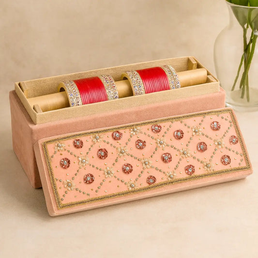 Velvet Pastel Pink Hand Embroidered Chooda Box | Bangle Box - Rectangle
