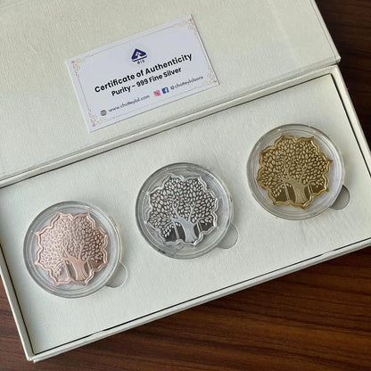 Banyan Tree, Tri-Color Finish, Lotus Shape, Set of 3 Coins (10 Gram Each), 999 Purity Silver Coins - Ready To Ship