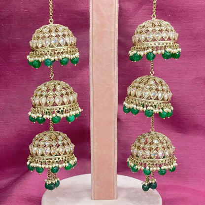 Golden Oxidised Triple Dome Green Beads Bridal Kaleera