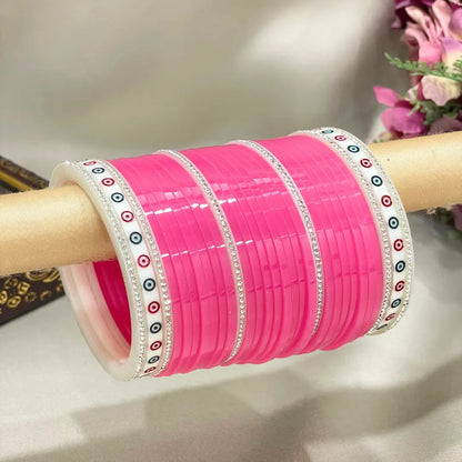 Punjabi Pink Chura Design With White Dots & Simmer Bangles