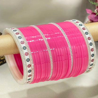 Punjabi Pink Chura Design With White Dots & Simmer Bangles