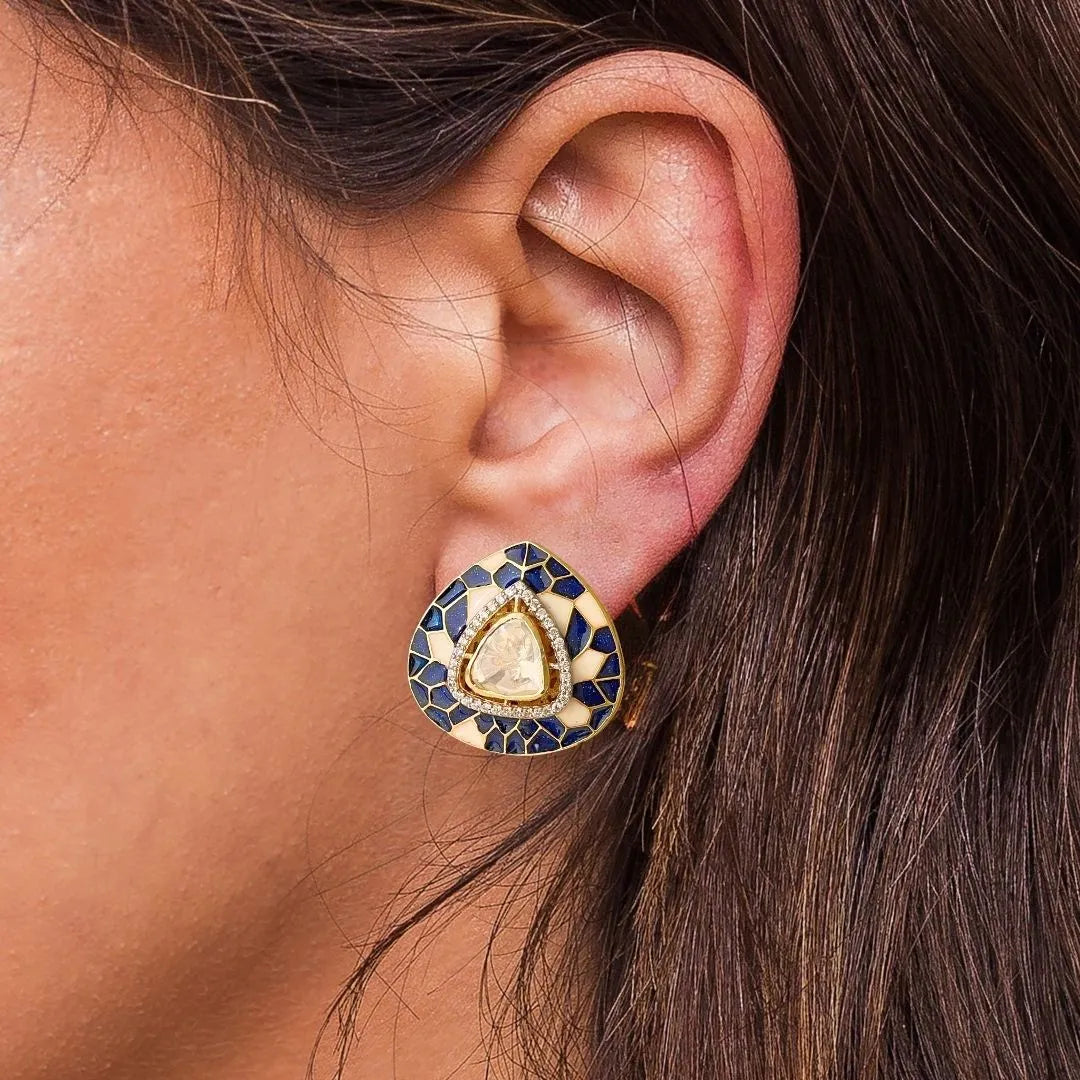 Blue Onyx Polki Earrings - 22K Gold Plated, 92.5 Pure Silver Base