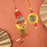 Pair Rakhi - Set of 3 Rings  with  Yellow Thread  Red Stone