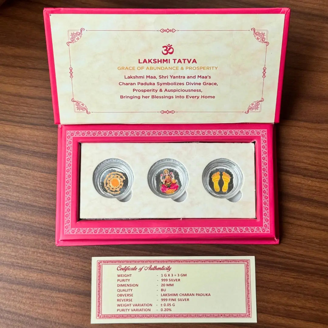 Laxmi ji, Silver, Folder Box, 3 Coins (1 GM Each), 999 Purity Silver Coins