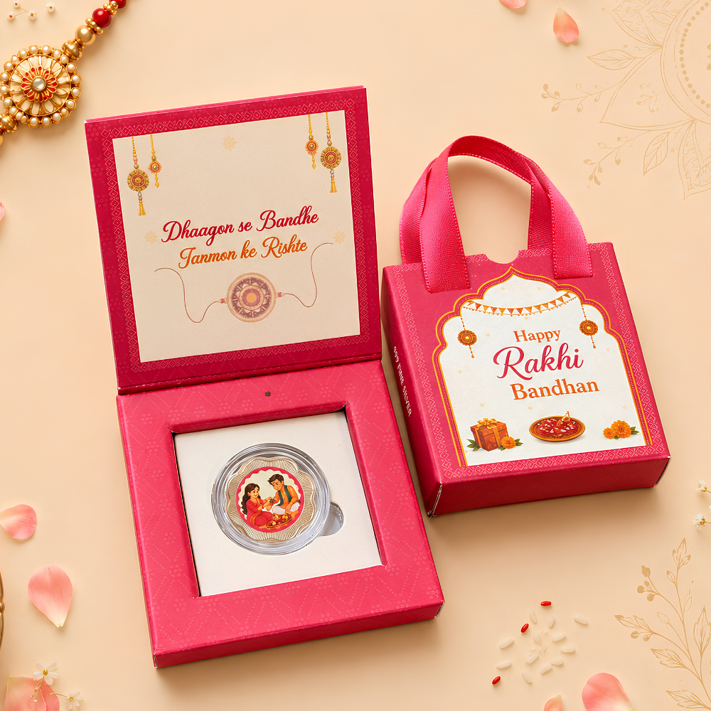 999 Pure Silver Coin Rakhi Gift Box with Premium Carry Bag