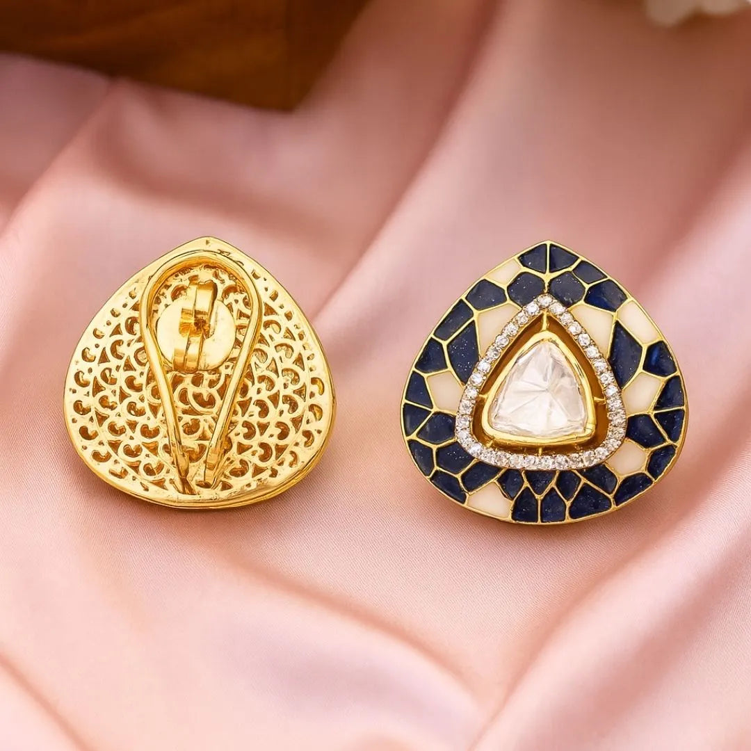 Blue Onyx Polki Earrings - 22K Gold Plated, 92.5 Pure Silver Base