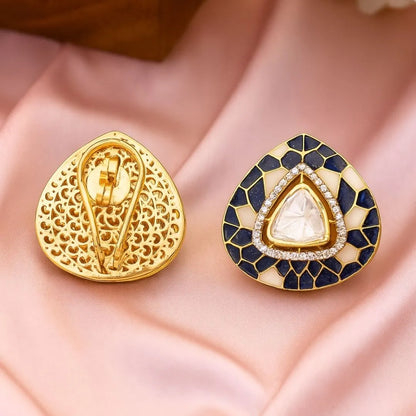 Blue Onyx Polki Earrings - 22K Gold Plated, 92.5 Pure Silver Base