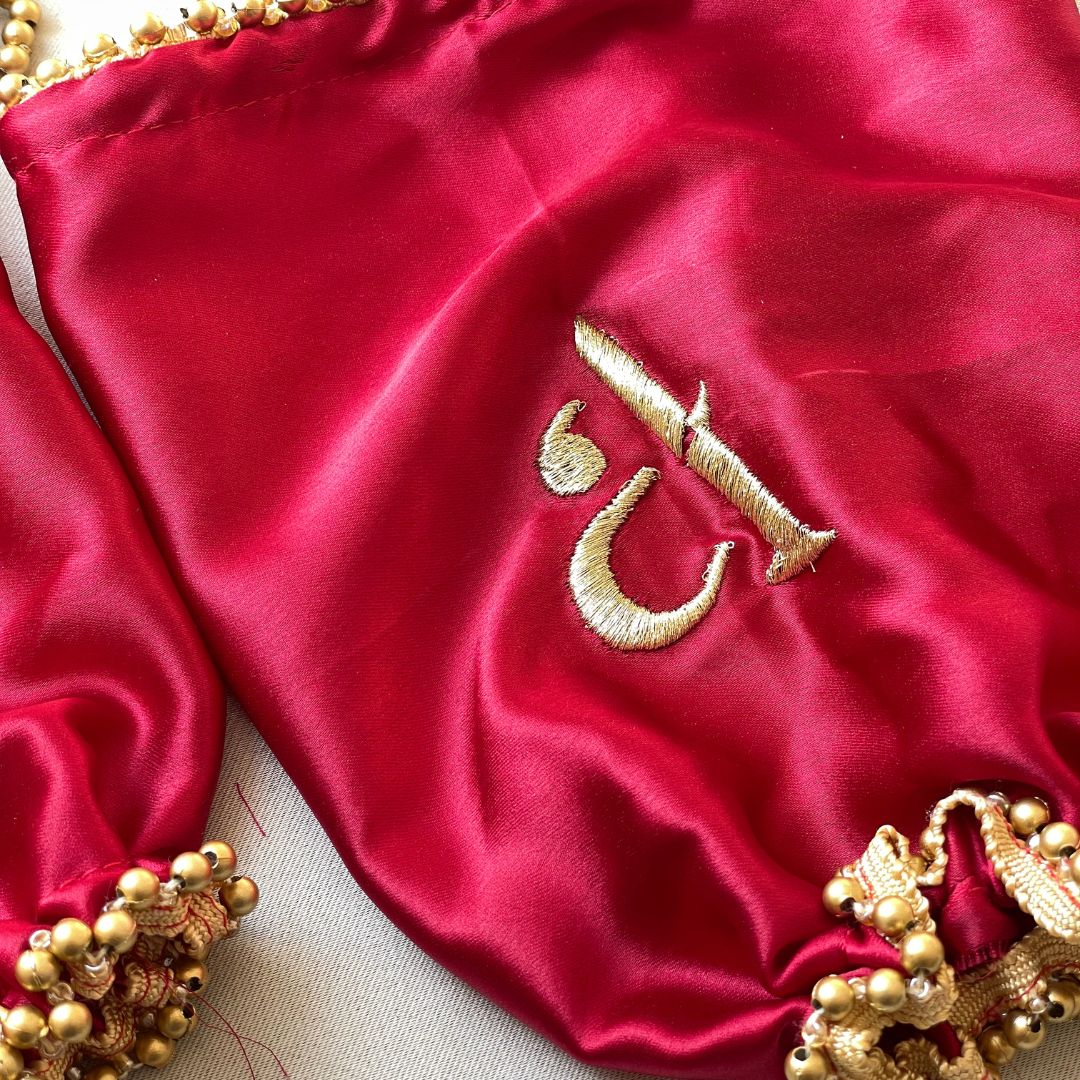 Red Satin Chooda Cover With Golden Beads - With Initials Customisation