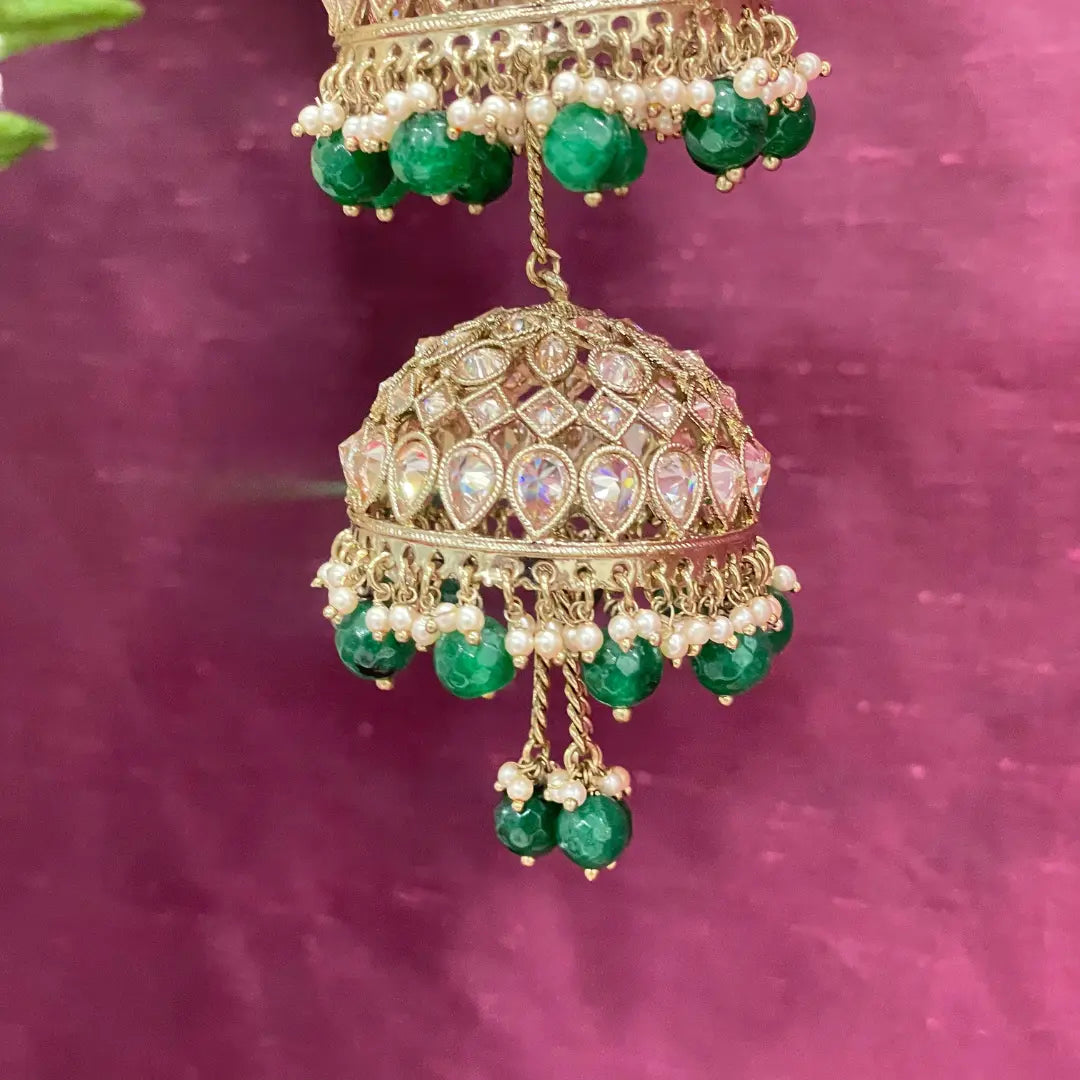 Golden Oxidised Triple Dome Green Beads Bridal Kaleera