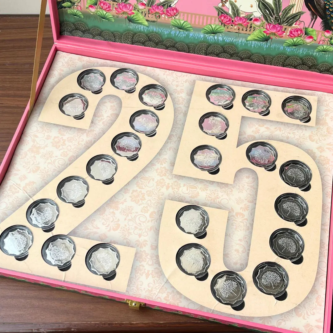 Celebration 25 Coin Box, Banyan Tree Design, Lotus Shape, Set of 25 Coins (2 Gram Each), 999 Purity - Ready To Ship