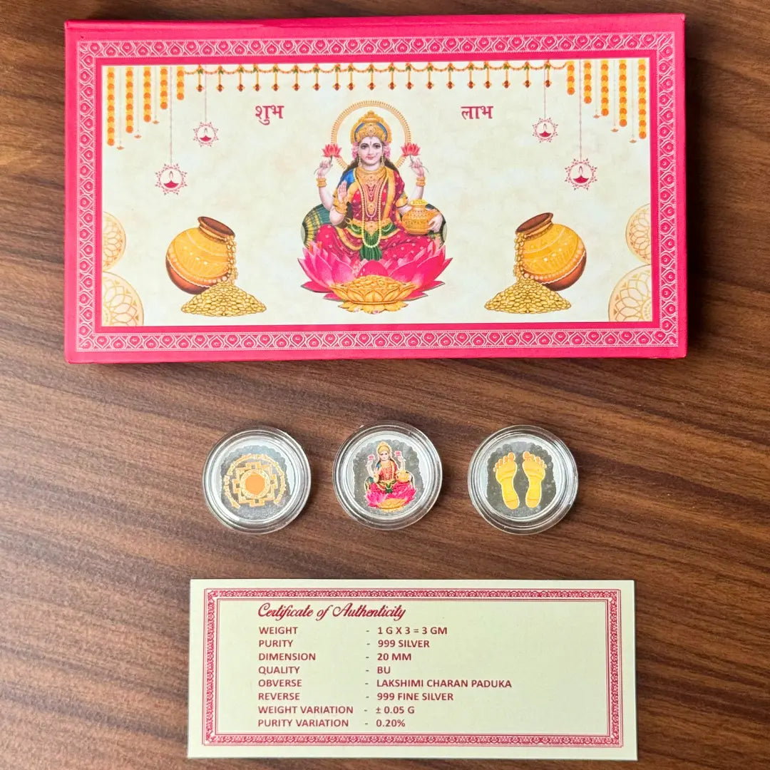 Laxmi ji, Silver, Folder Box, 3 Coins (1 GM Each), 999 Purity Silver Coins