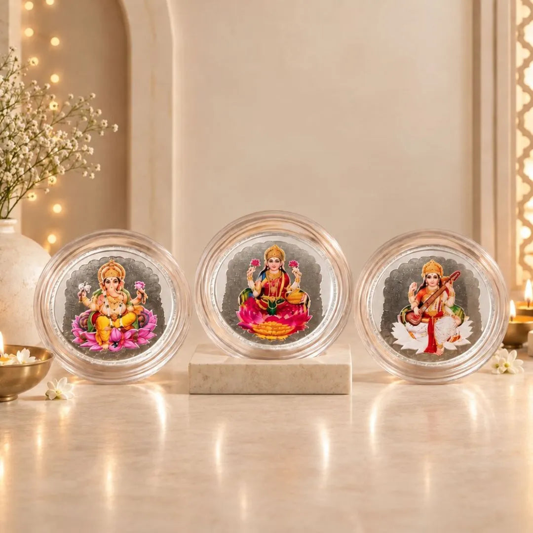 Diwali Divine Trio – Laxmi Ganesh Saraswati 3g Pure Silver UV Coin Gift Set