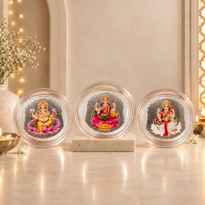 Diwali Divine Trio – Laxmi Ganesh Saraswati 3g Pure Silver UV Coin Gift Set