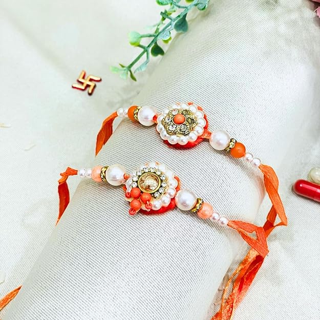 Men's Rakhi - Set of 2 Orange and Pearl Beads