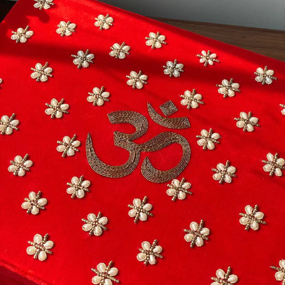 Red Om Motif Velvet Chooda Box With Patterned Design