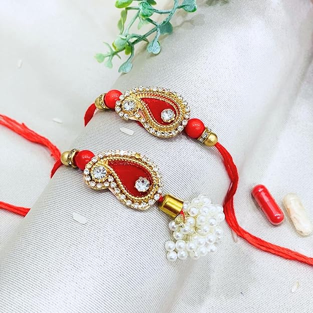 Pair Rakhi - Aambi Shape Design Bunch of White Pearl