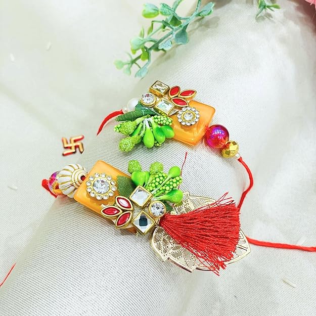 Pair Rakhi - Green Designer Leavesl