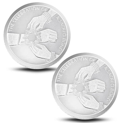 Classic Happy Rakhi Gift, Rakhi On Hand Coin, Set of 2 (10 Gram Each) - 999 Purity Silver Coin - Ready To Ship