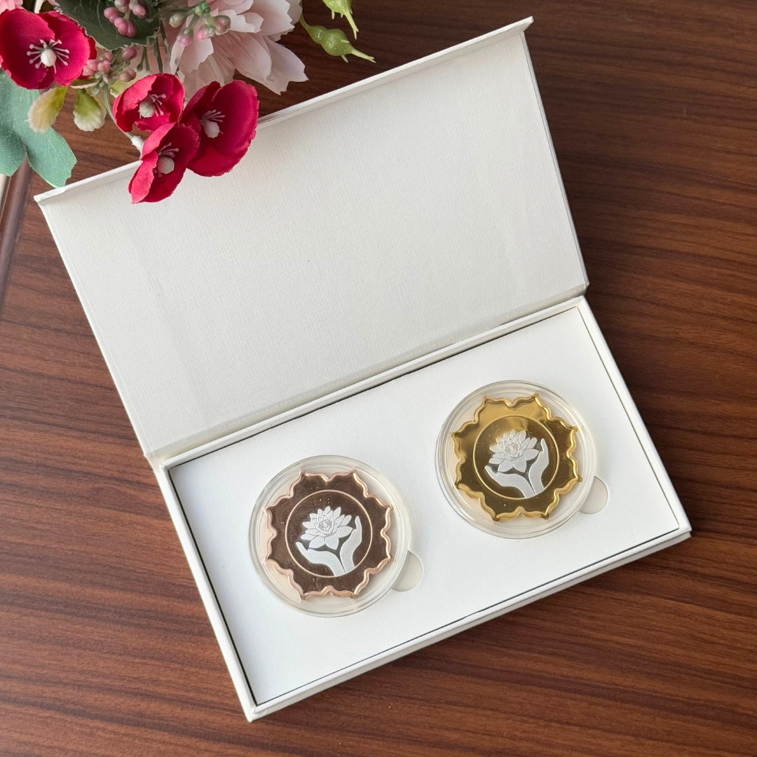 Lotus In Hand Design, Rose Gold & Gold Finish, Lotus Shape, Set  of 2 Coins (25 Grams Each), 999 Purity Silver Coin - Ready To Ship